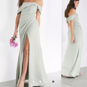 ASOS EDITION satin bardot drape wrap maxi dress in sage green